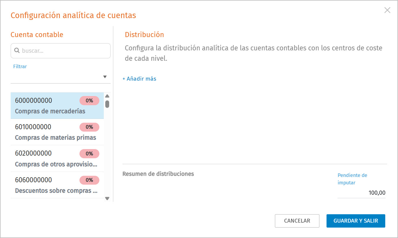 ventana de distribución de cuentas