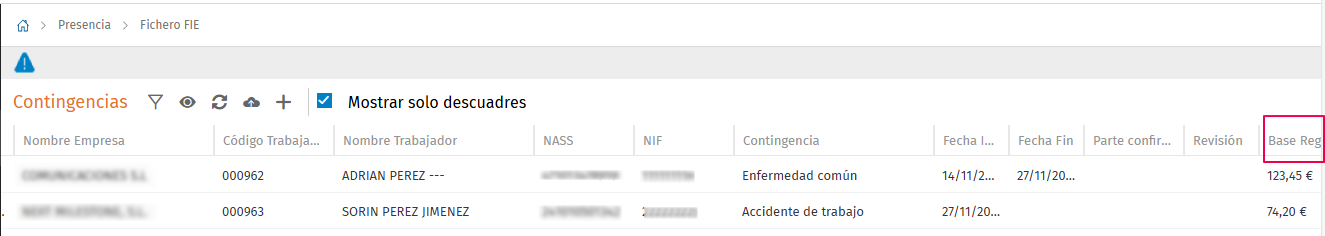 Fichero FIE visualización base reguladora