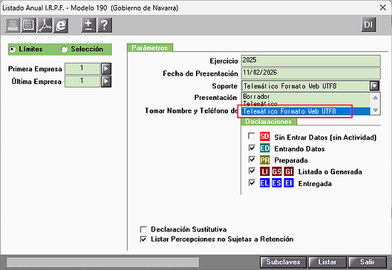 modelo 190 de la diputación foral de Navarra soporte UTF
