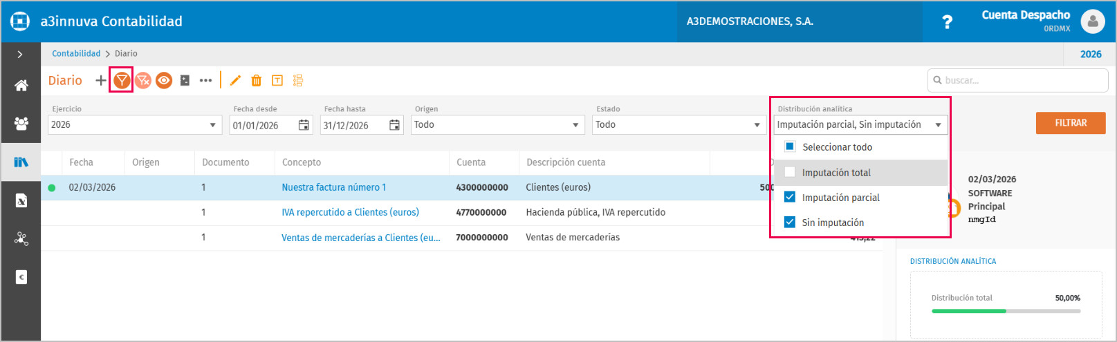 Filtros del diario de contabilidad analítica