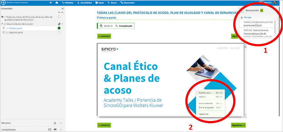 Opciones para descargar la documentación