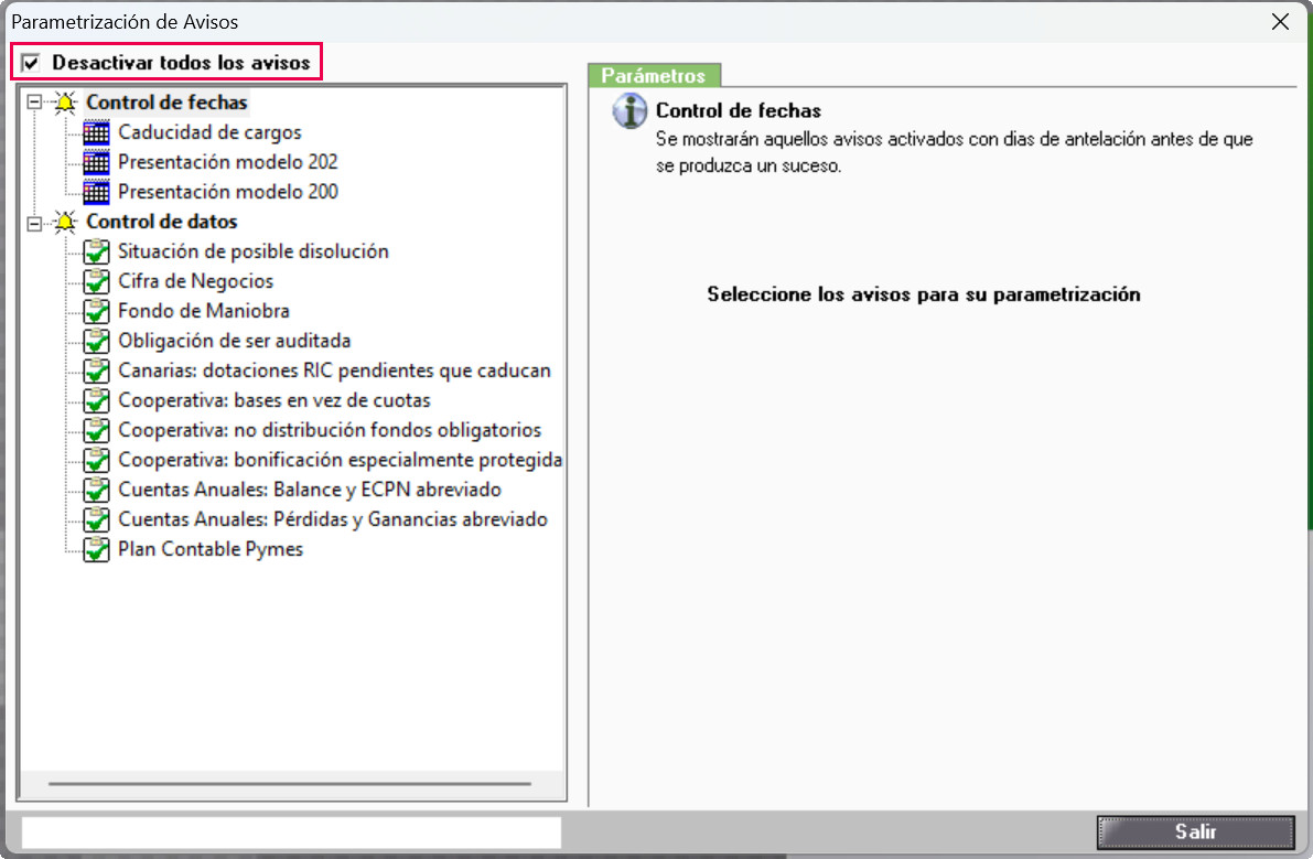 Desactivar avisos