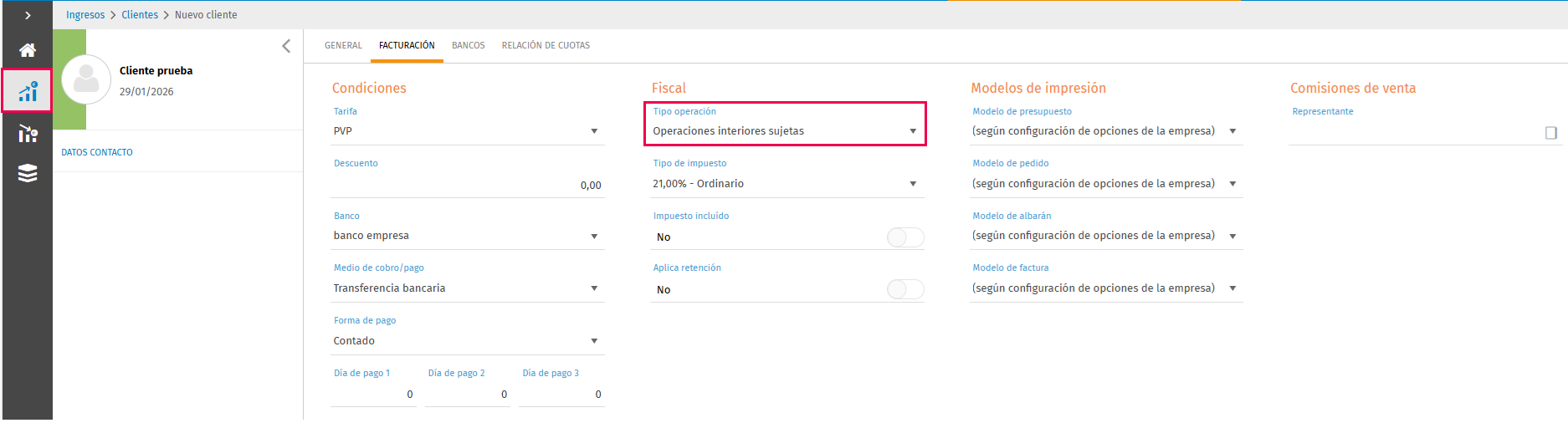 configuración del cliente o del proveedor