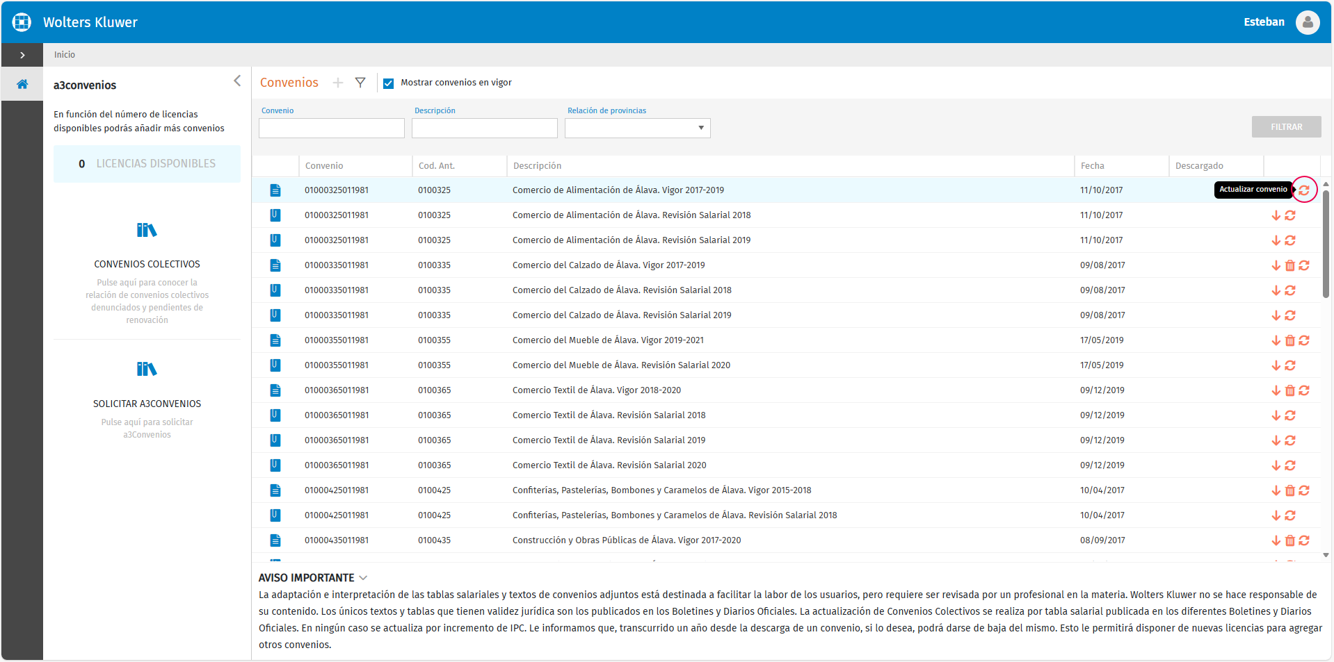 Nuevo proceso actualización convenios