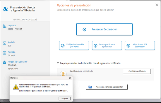 aviso presentación directa de declaraciones borrador