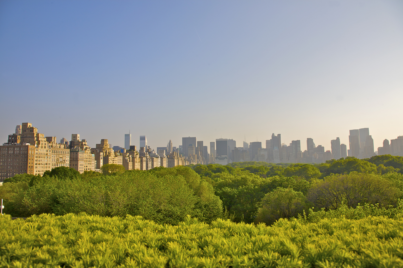 View of Manhattan's Central Park as well as the East Side and Central Park South in late afternoon, New York City,