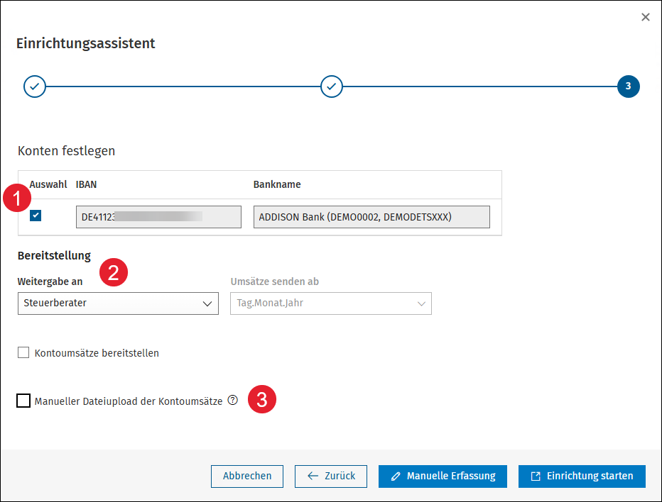 #3764846: Einrichtungsassistent – Schritt 3: Konto auswählen, Bereitstellung konfigurieren und manuellen Upload aktivieren