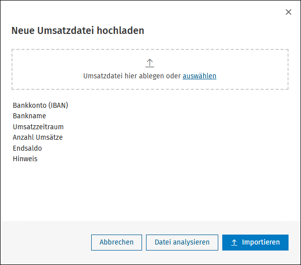 #3764852: Dialog „Neue Umsatzdatei hochladen" mit Upload-Bereich und Vorschau der Umsatzdaten