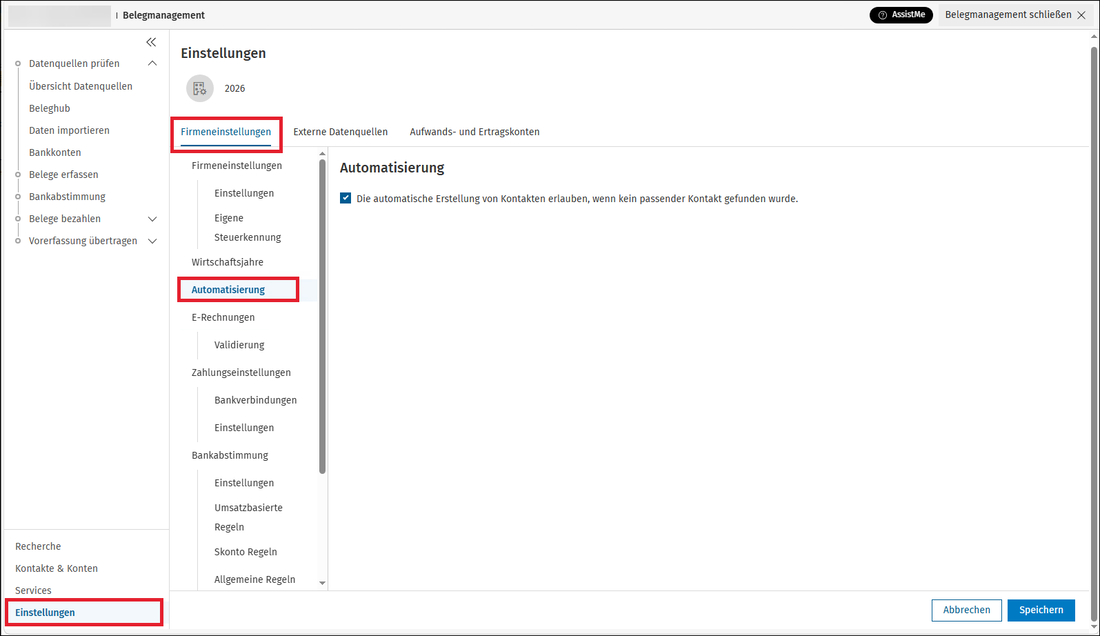 #3765103: Einstellungen – Register Firmeneinstellungen, Abschnitt Automatisierung mit aktivierter Checkbox