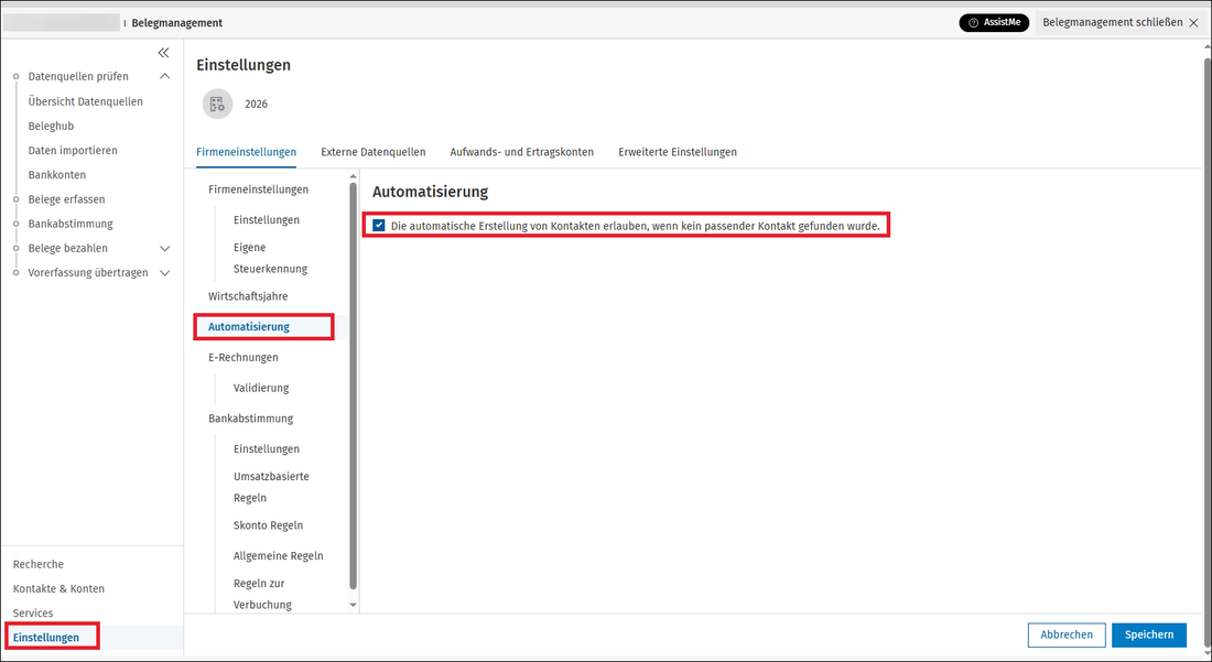 #3765585: Firmeneinstellungen – Abschnitt Automatisierung: Checkbox zur automatischen Kontaktanlage bei der Bankabstimmung