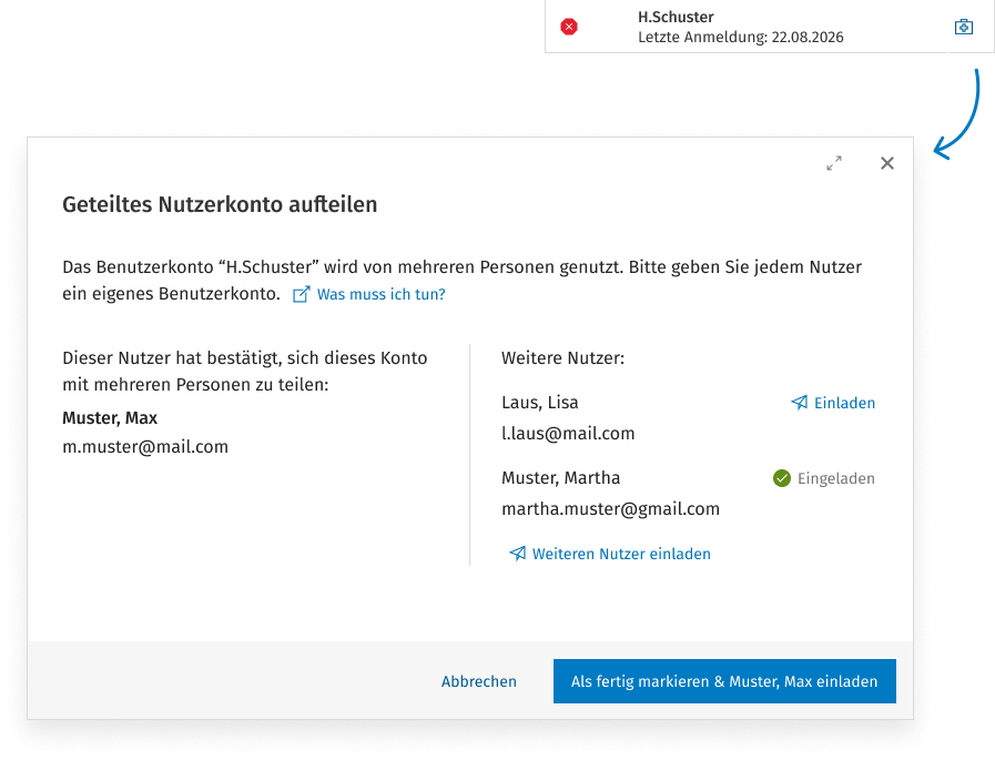 Geteiltes Nutzerkonto aufteilen