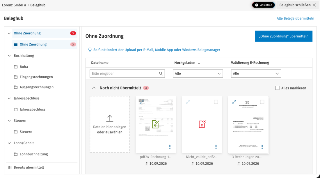 #3824797: Beleghub-Übersicht mit Kategorienavigation und Bereichen für noch nicht sowie bereits übermittelte Belege