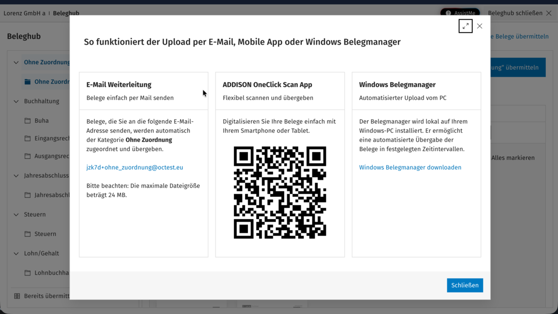 #3824810: Dialog im Beleghub mit Optionen für E-Mail-Weiterleitung, Scan App und Windows Belegmanager