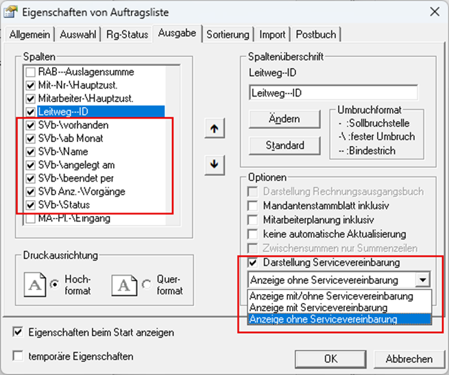 SVb Eigenschaften Auftragsliste