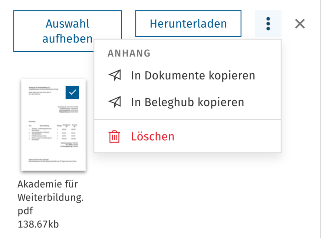 Kopierfunktionen im Menü der Anhangsliste