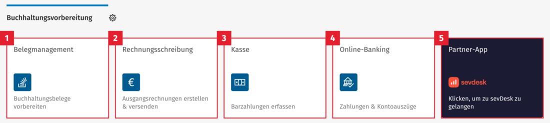 Kacheln für Apps der Buchhaltungsvorbereitung