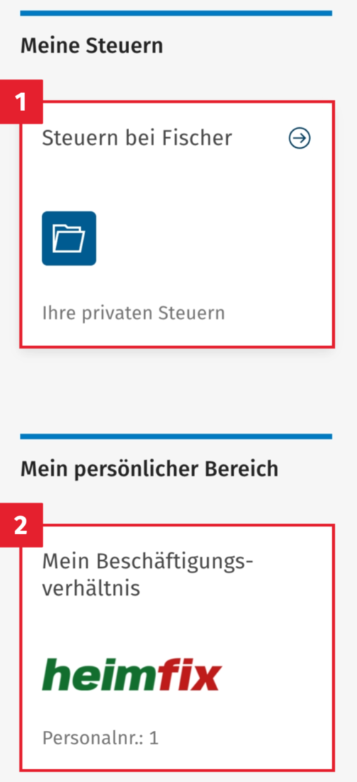 Kacheln für private Steuern und das persönliche Beschäftigungsverhältnis