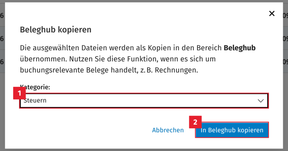 Dialog zum Kopieren mit Kategorieauswahl und Bestätigung