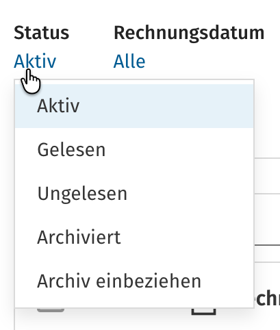 Statusfilter mit Optionen für gelesene und archivierte Rechnungen