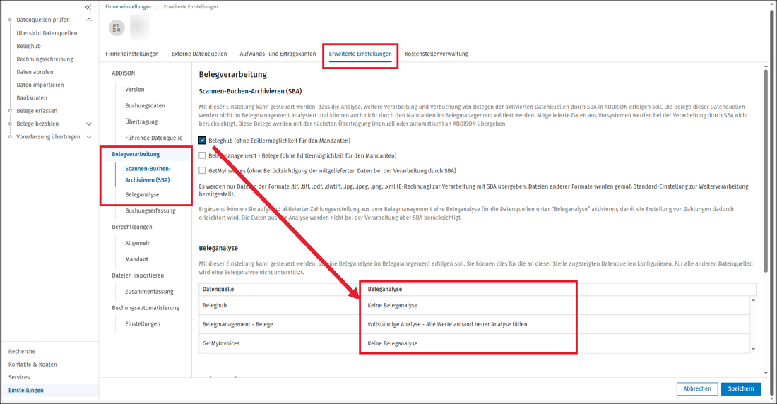 BeMa - Beleganalyse Einstellung