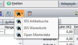 Screenshot zeigt Aufrufe IDS und Open Masterdata im Beleg bei ADDISON Handwerk