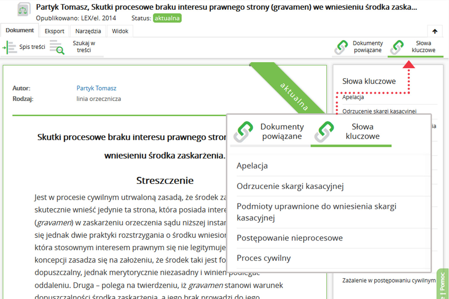 Słowa kluczowe dostępne z poziomu treści linii orzeczniczej