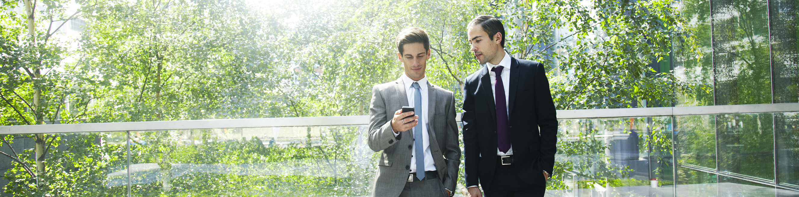 Two businessmen chatting surrounded by trees.