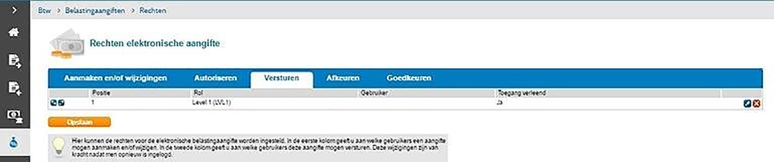 Screenshot rechten voor versturen Btw-aangifte