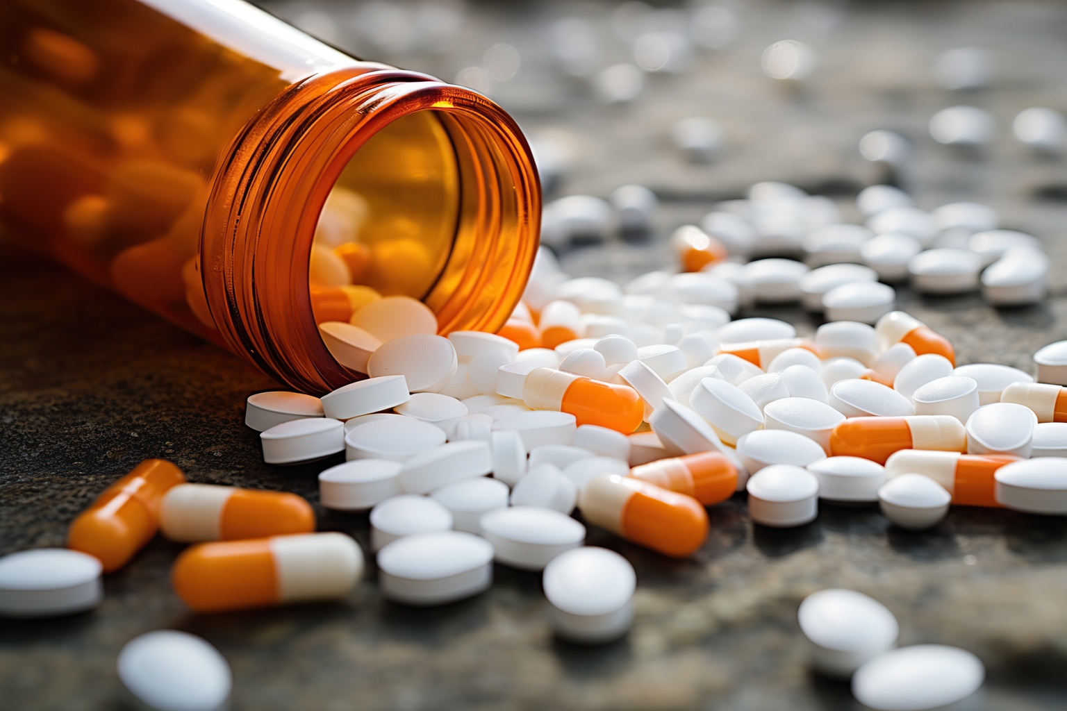 Bottle of pills spilling out onto a table