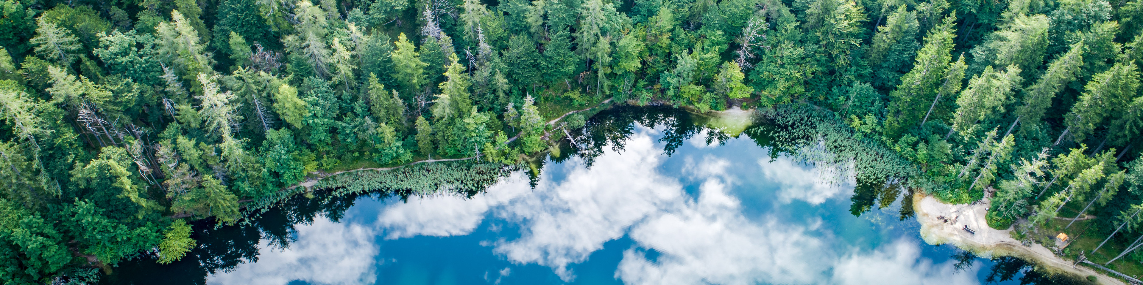 Aerial view at lake Eibensee, a beautiful small mountain lake in the Austrian Alps near Salzburg.