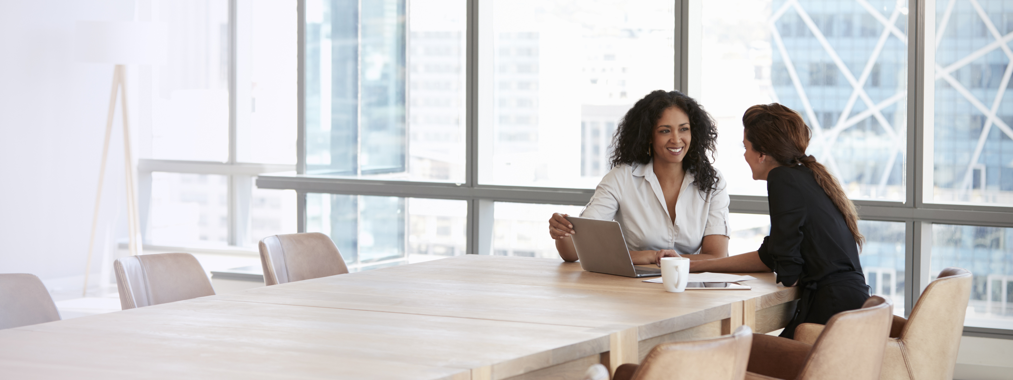 Two Businesswomen Using Laptop In Boardroom Meeting