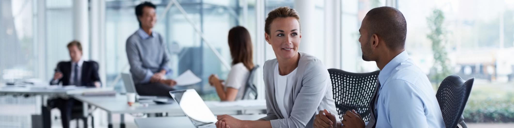 Businesswoman discussing with male colleague at office