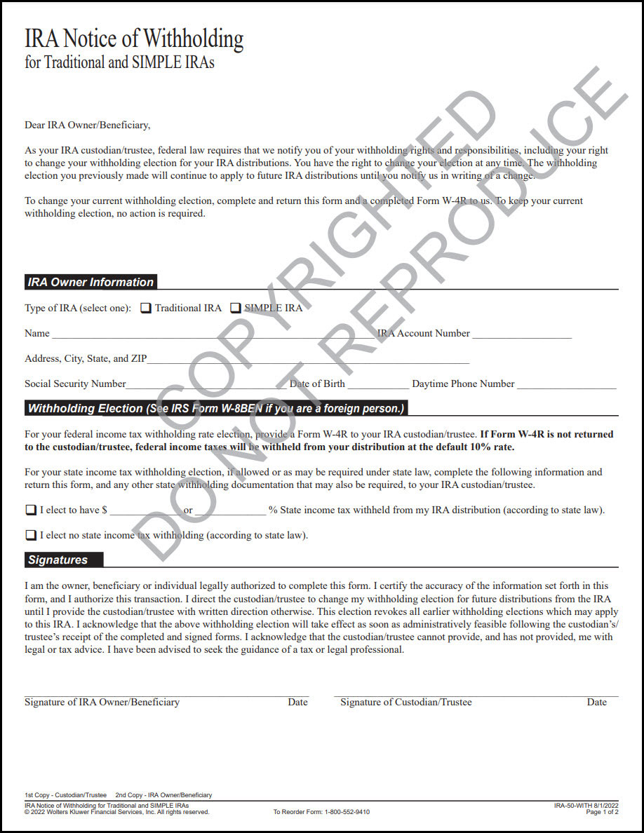 Notice of Withholding for Traditional and SIMPLE IRAs