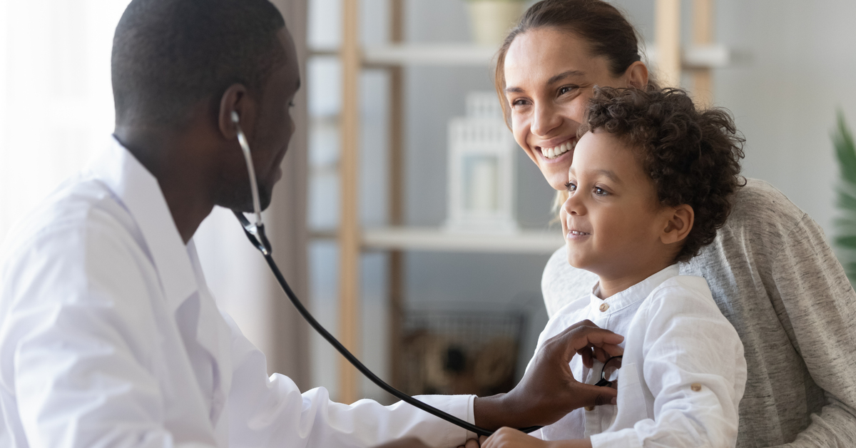 African male pediatrician hold stethoscope exam child boy patient