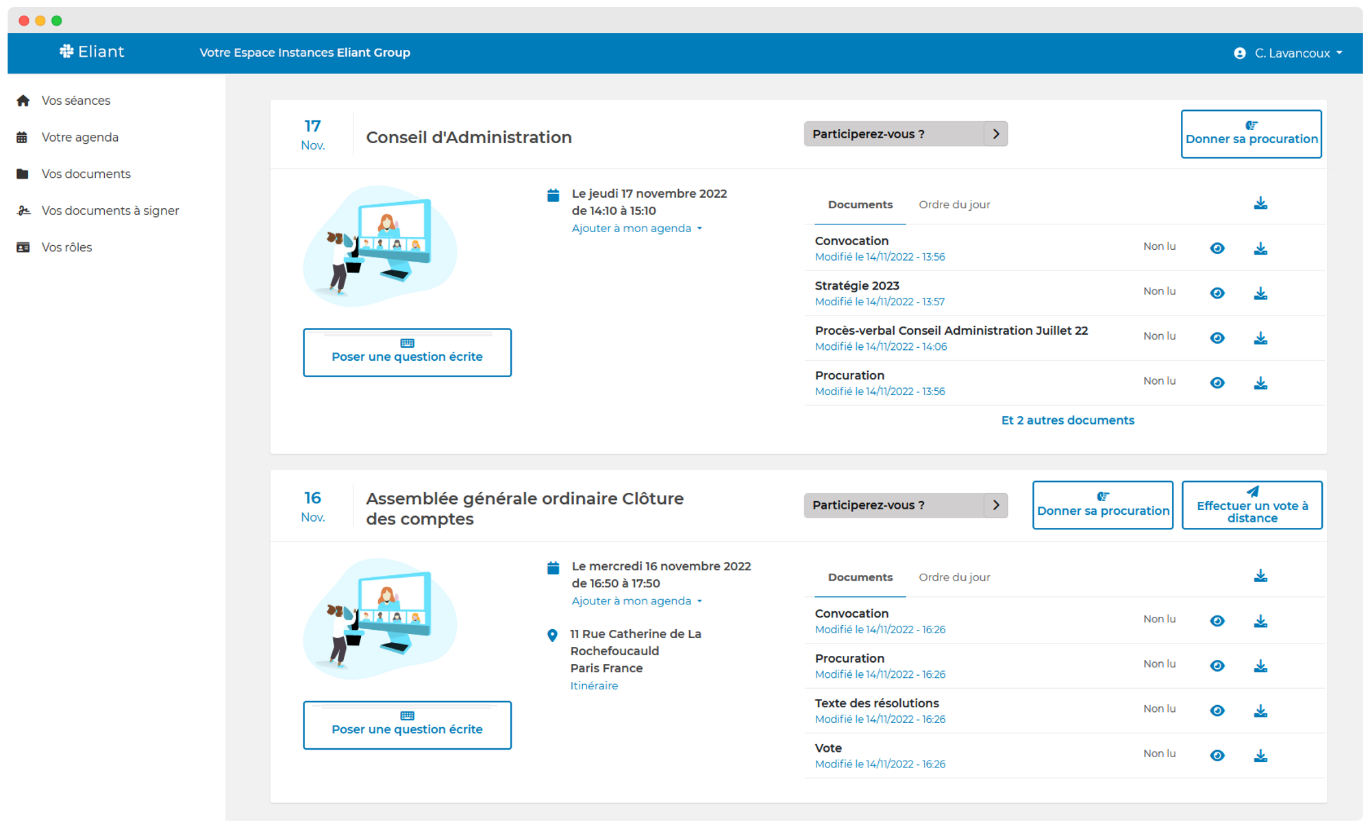 capture d’écran de l’interface du board portal