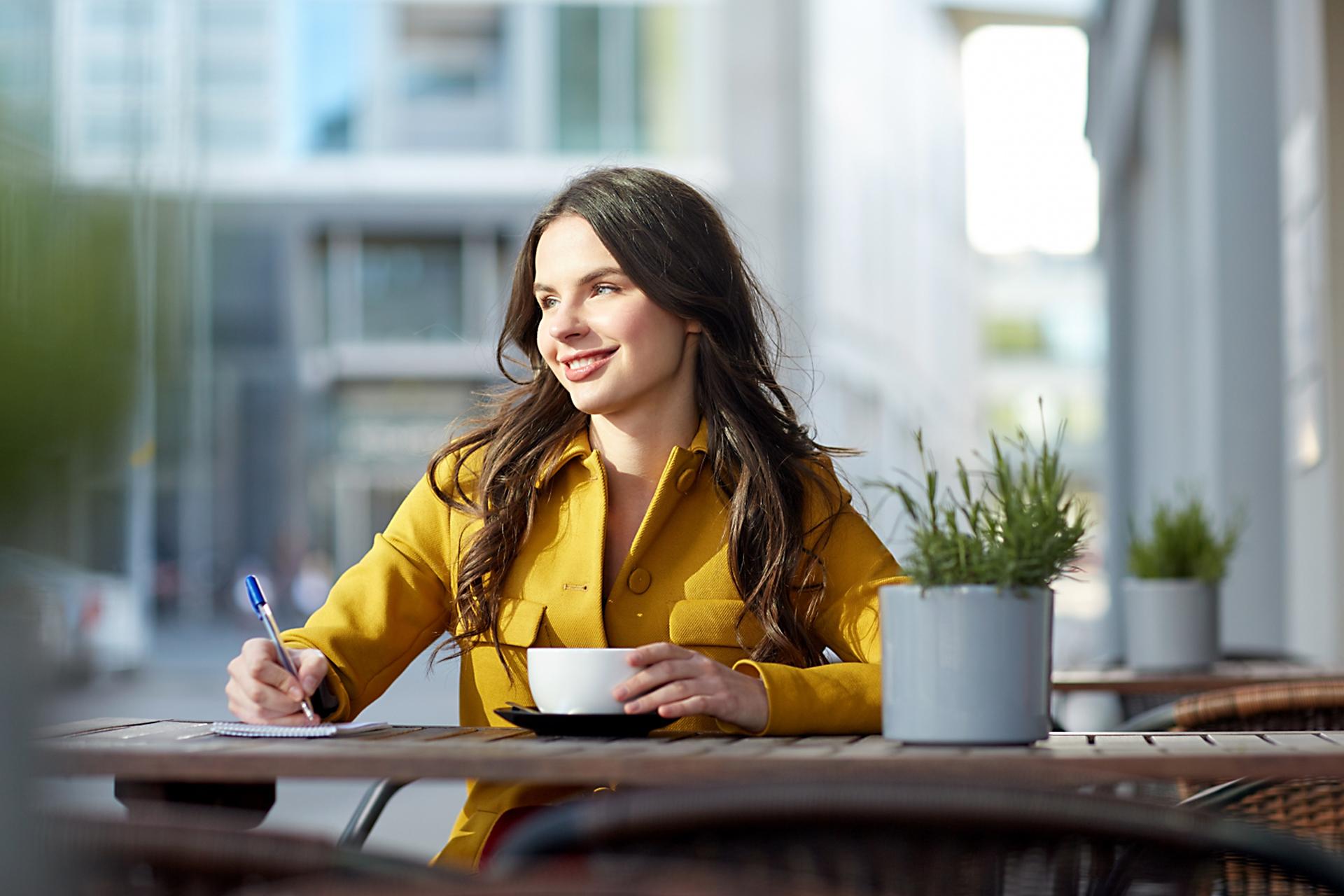 happy woman in café