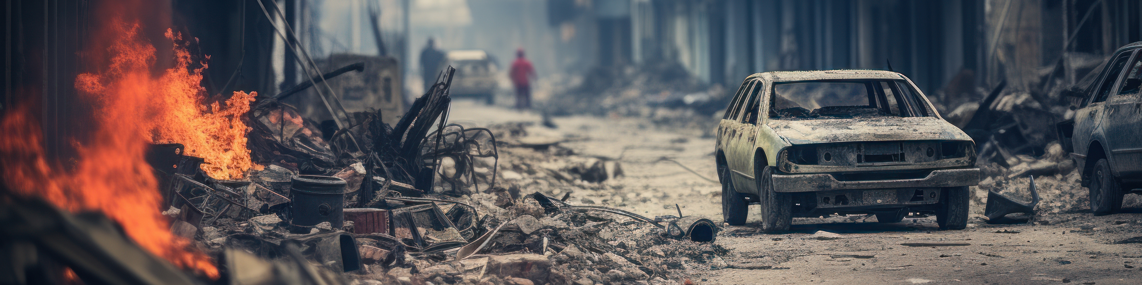 Destroyed and burnt buildings in the Israel city