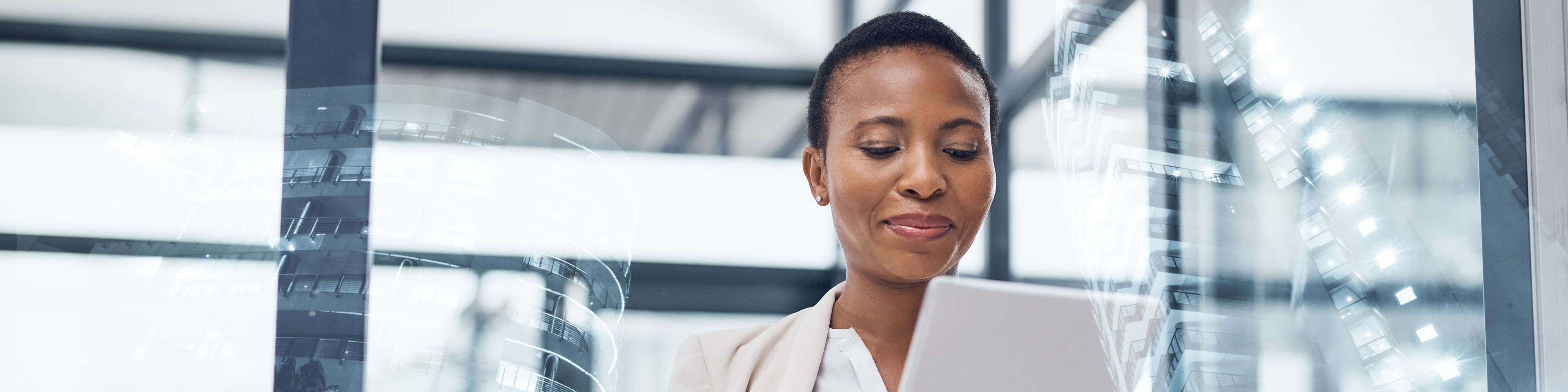 businesswoman using a digital tablet in a boardroom