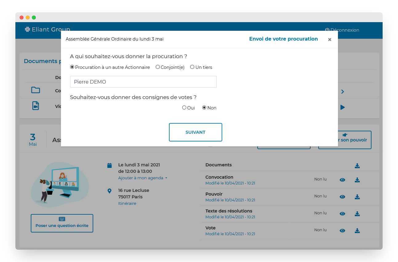 capture d’écran d’une procuration en ligne pour une assemblée générale