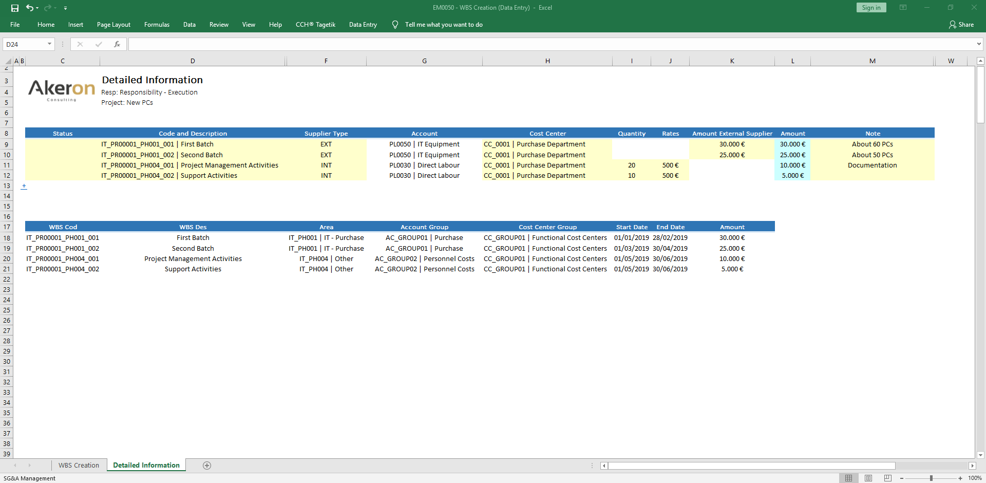 Detailed WBS Planning with Cost Center and Account Dimensions