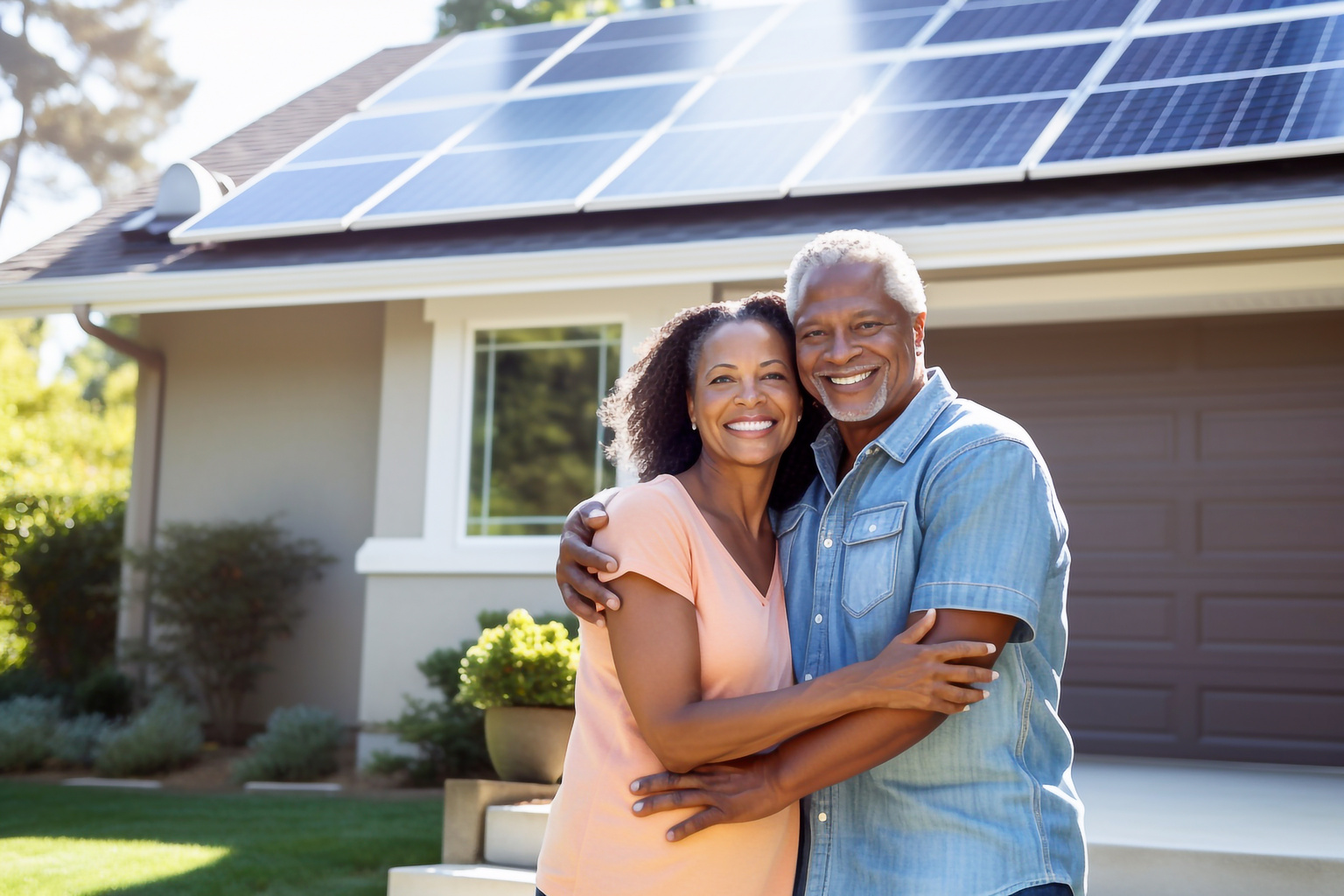 couple standing in the driveway of a large house with solar panels installed