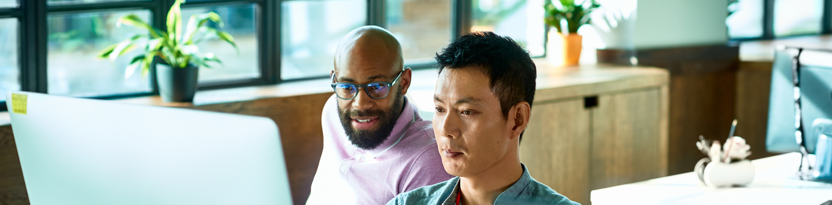 Asian male computer programmer working with African male colleague in office.