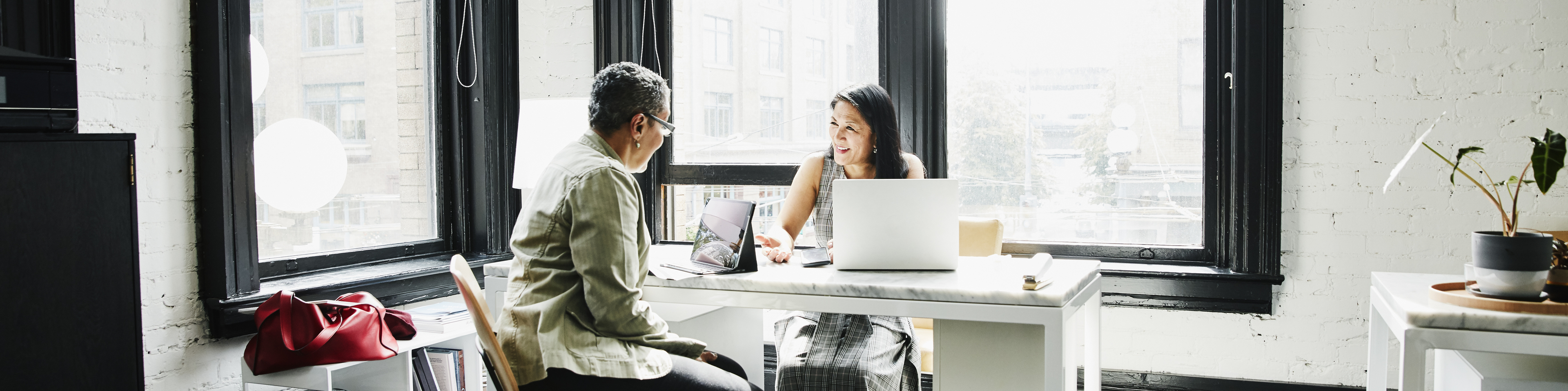 Smiling mature female business owner in discussion with financial advisor at desk in office