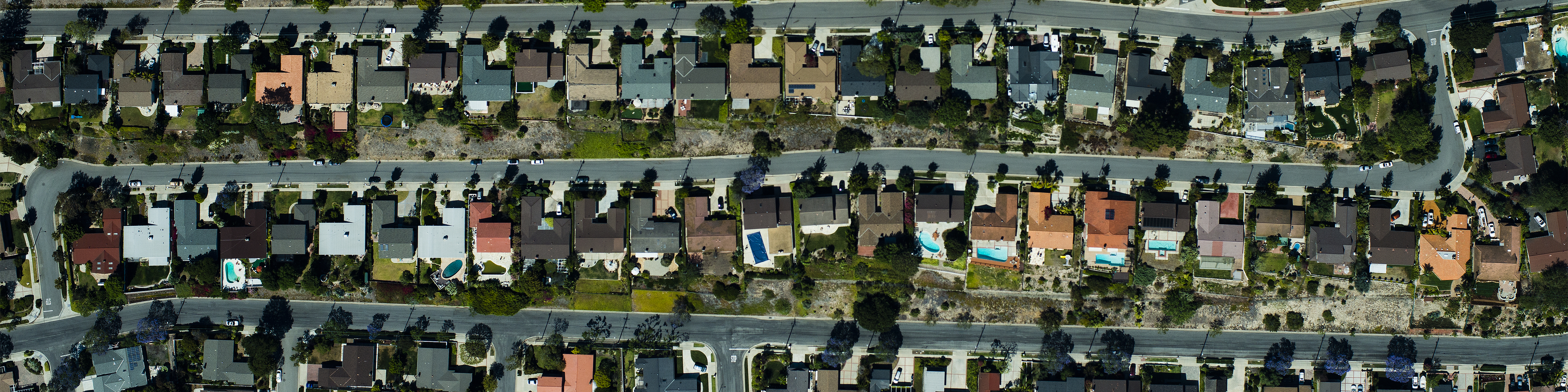 An aerial view of suburban housing and garden ,