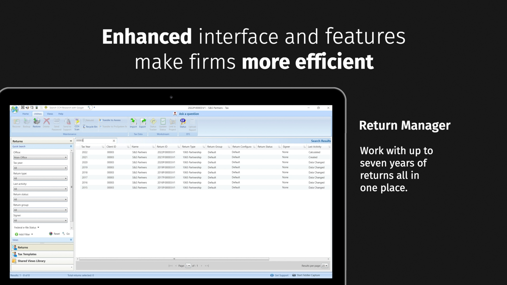 Screenshot of the CCH Axcess Return Manager. The heading says "Enhanced interface and features make firms more efficient"