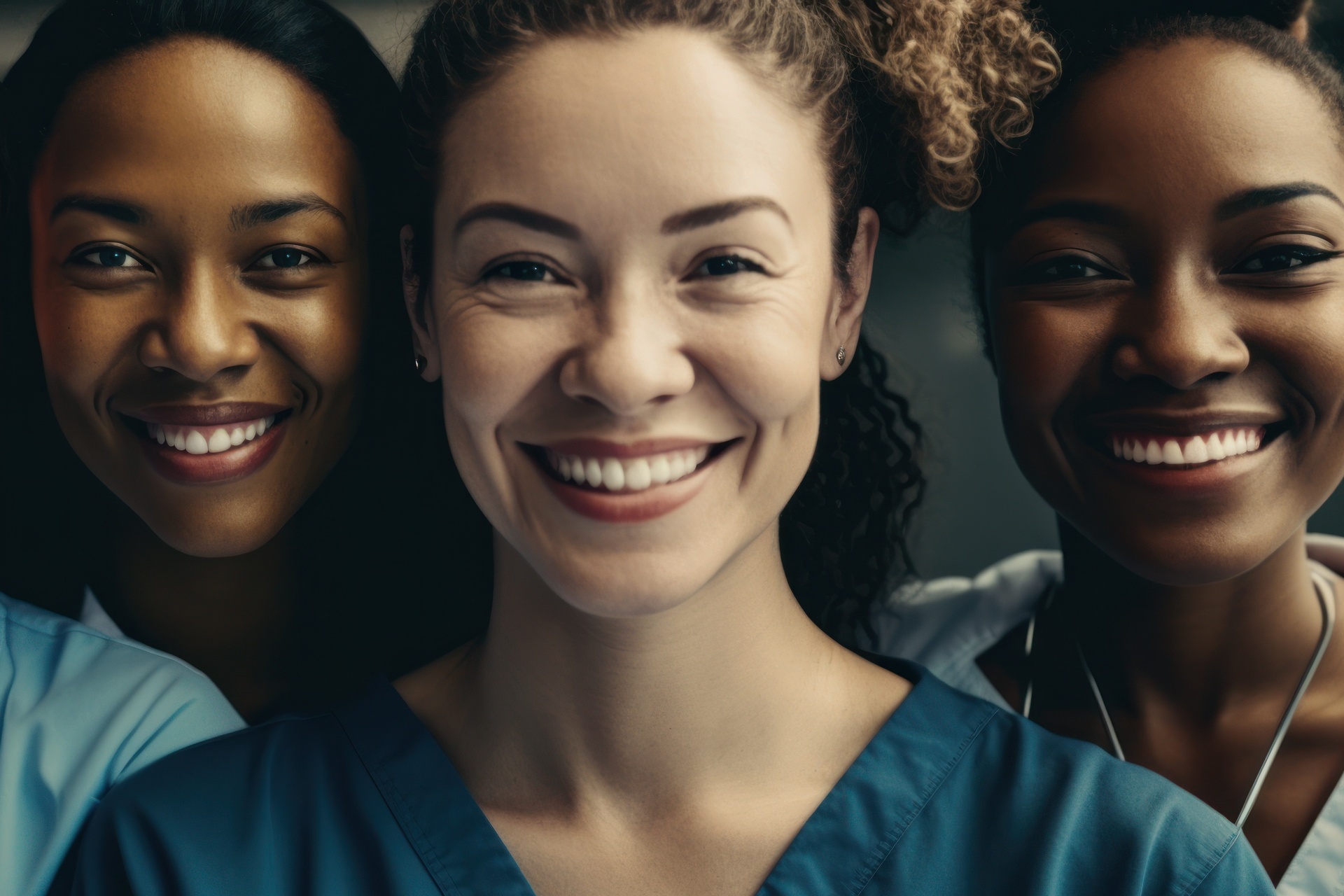 Four female nurses standing in a row; each smiling at the camera, close up on their faces