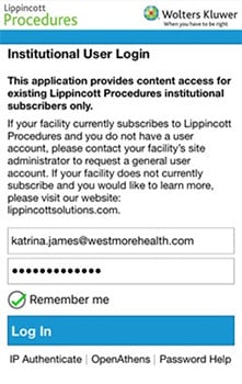 Lippincott Procedures App Installation Instructions screenshot: institutional user login