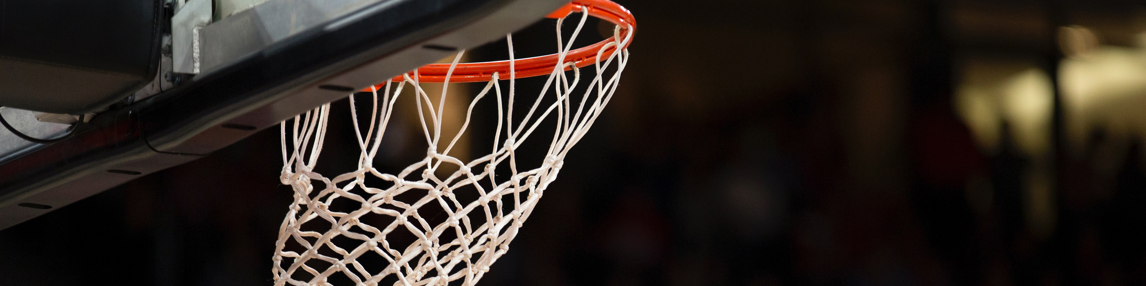 Basketball net and ball with crowd in stands in background