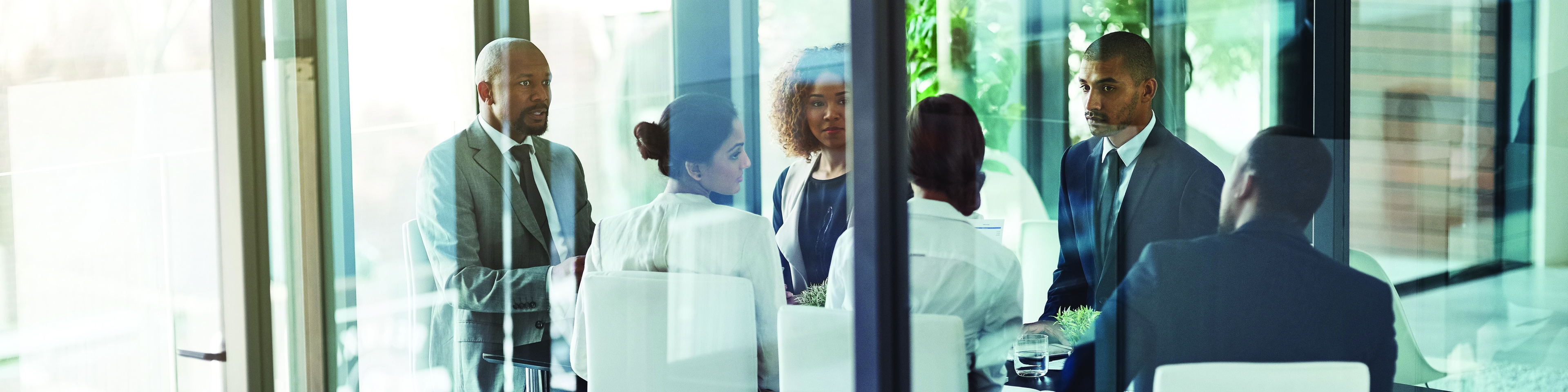 Group of business people in discussion in windowed meeting room