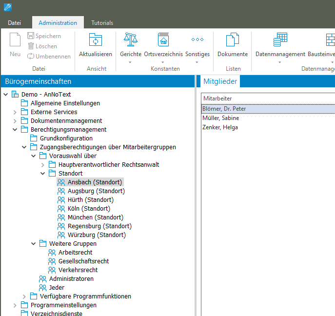 Screenshot zeigt die in der Anwaltssoftware AnNoText möglichen Berechtigungen zu Anwälte und Kanzleien Standorten Referatsfreigaben